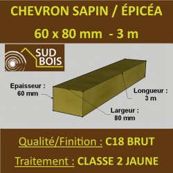 Chevron 60x80mm Sapin / Épicéa Brut Traité Classe 2 Jaune 3m
