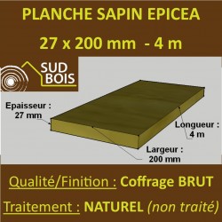 ◙ Planche Calibrée 27x200mm Sapin / Épicéa Brut Naturel Qualité Coffrage 4M