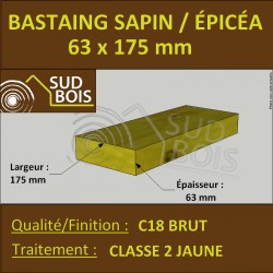 Bastaing / Madrier 63x175 Épicéa Brut Traité Classe 2 Jaune