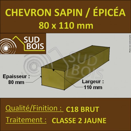 Chevron 80x110mm Sapin/Épicéa Traité Classe 2 Jaune
