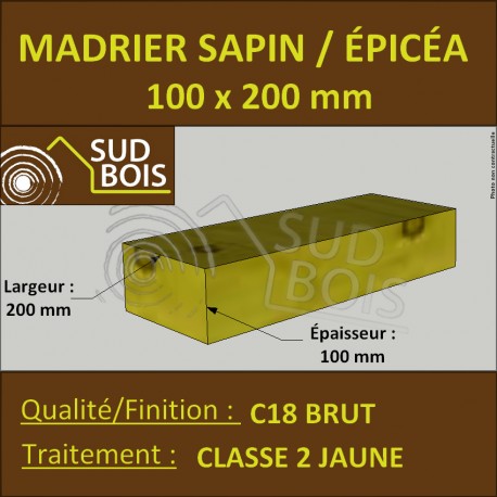 Madrier 100x200mm Sapin/Épicéa Traité Classe 2 Jaune