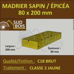Madrier 80x200mm Sapin/Épicéa Traité Classe 2 Jaune