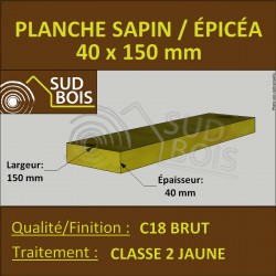 Planche 40x150mm Sapin/Épicéa Traité Classe 2 Jaune