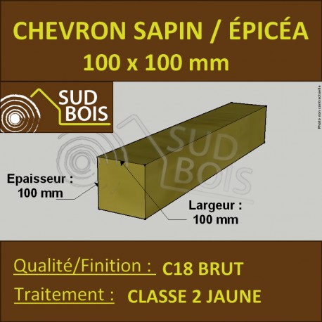 Chevron 100x100mm Sapin/Épicéa Traité Classe 2 Jaune
