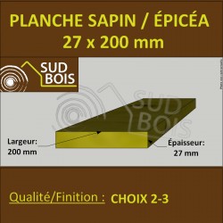 * ↕ ◙ Planche 27x200 Sapin / Épicéa Brut Traité Classe 2 Jaune (à la palette)