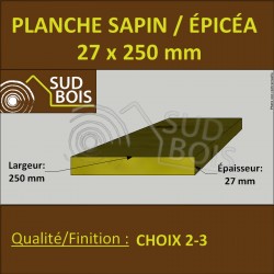 * ↕ ◙ Planche 27x250 Sapin/Épicéa Brut Non Traité (à la palette)