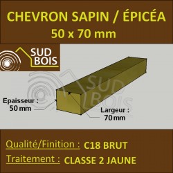 Chevron 50x70 mm Sapin / Épicéa brut traité Classe 2 jaune