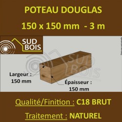 Poteau / Poutre 150x150mm Douglas Naturel Brut 3m