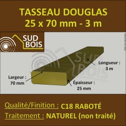 ♦ Tasseau 25x70mm Douglas Sec Naturel Raboté Chanfreinés 3.60 m