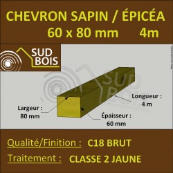 * Chevron 60x80mm Sapin / Épicéa Brut Traité Classe 2 Jaune 4m