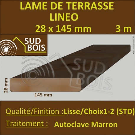 Lame de Terrasse Bois LINEO 28x145 Douglas Autoclave Marron 1er Choix 2.5m