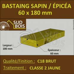 Chevron 60x180mm Sapin / Épicéa Brut Traité Classe 2 Jaune 3m