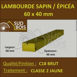 * Demi Chevron 60x40mm Sapin / Épicéa Brut Traité Classe 2 Jaune 3m