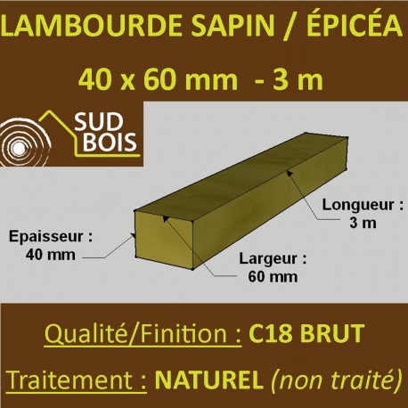 Lambourde 60x40mm Sapin/Epicéa Naturel 3M