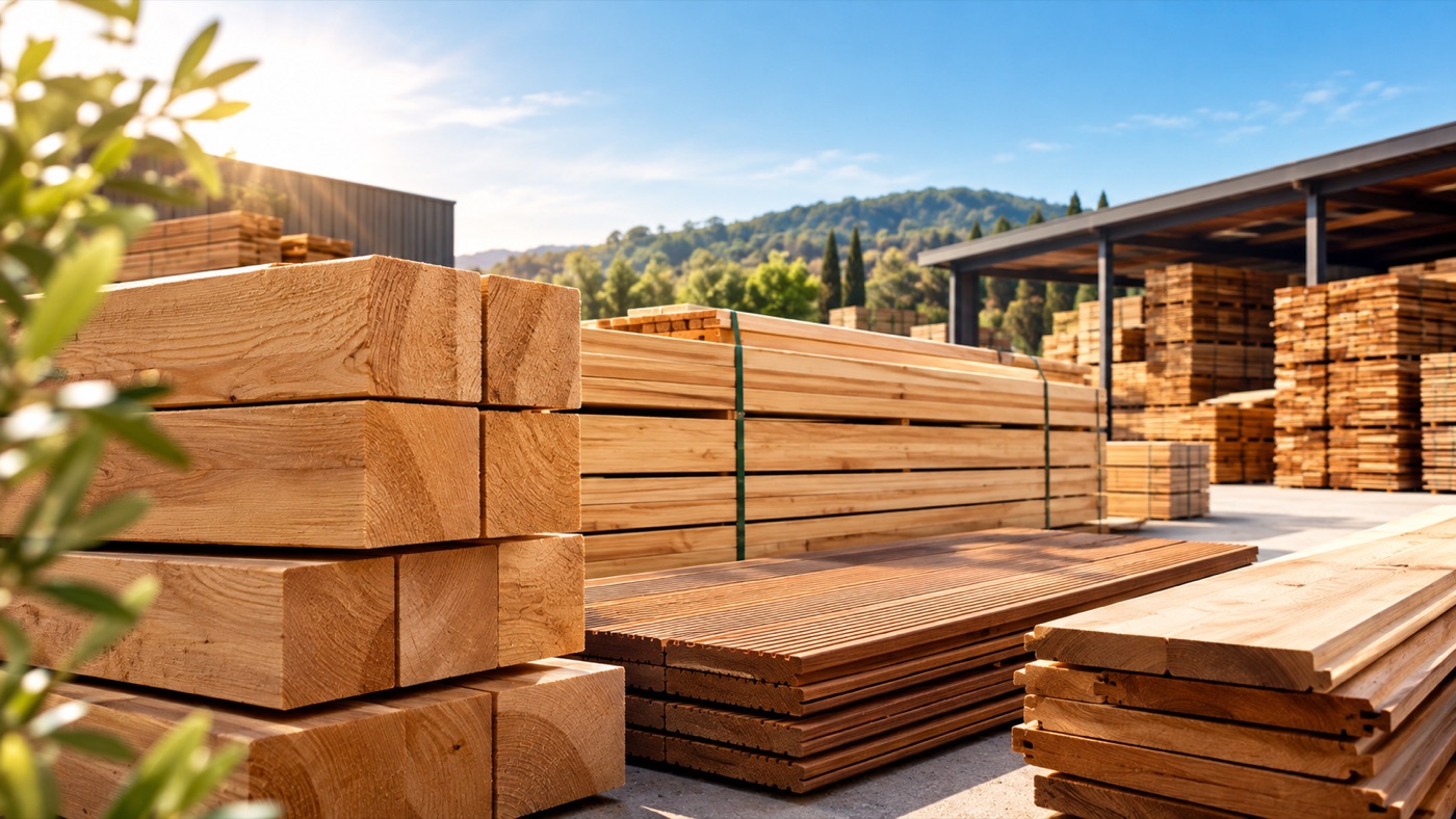 Stock de bois de charpente, lames de terrasse et bardage Sud Bois, direct scierie